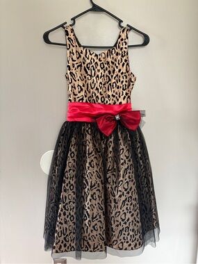 Girls Leopard Print Formal Dress with Red Satin Bow
